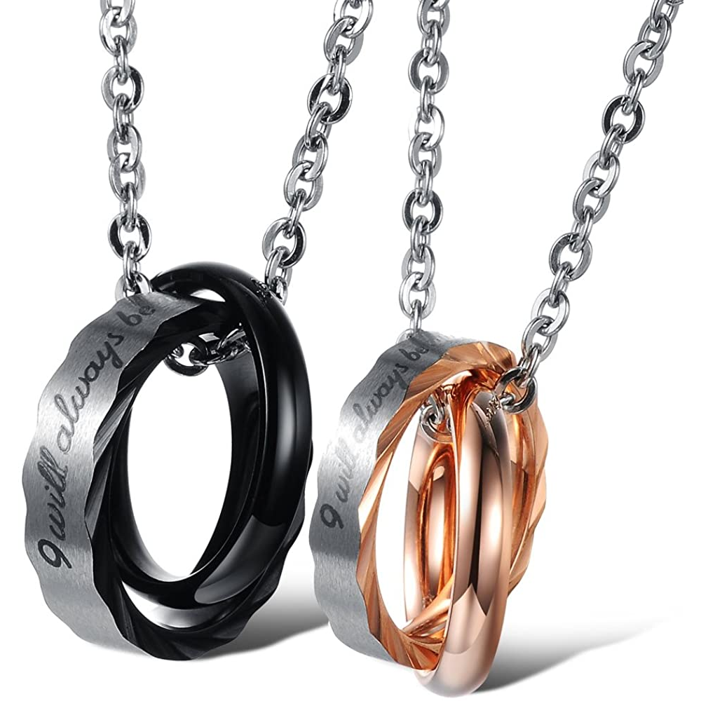 Matching Couples Necklace His & Her Titanium Steel Eternal Love Promise Pendant Set for Men Women