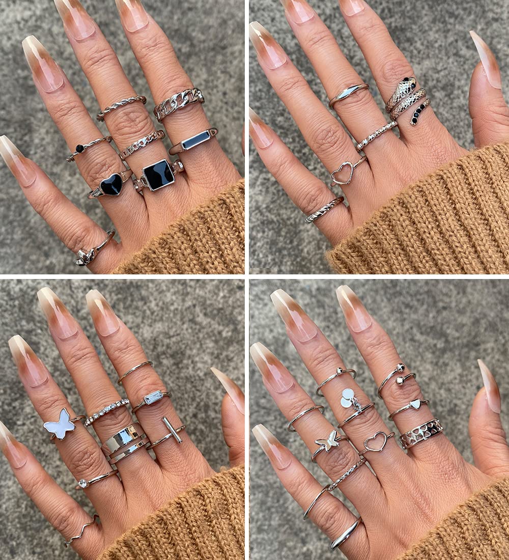 66 Pcs Silver Knuckle Rings Set for Women, Vintage Stackable Rings, Boho Snake Finger Rings, Trendy Midi Rings Pack for Teen Girls B-Silver Ring Set